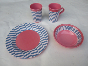 Melamine cutlery set pink color blue waving design 4pcs set